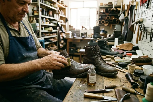 Botas sendo impermeabilizadas em Barbacena.