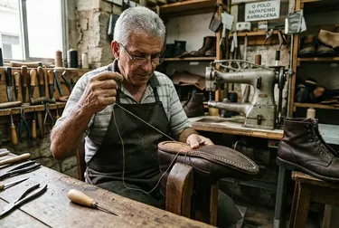 Sapateiro realizando costura em botas em Barbacena.