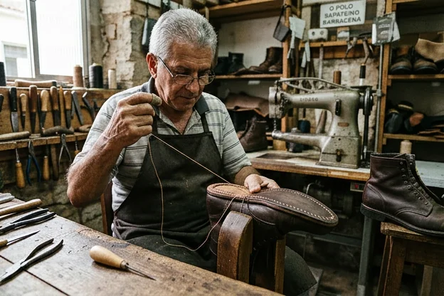 Sapateiro realizando costura em botas em Barbacena.