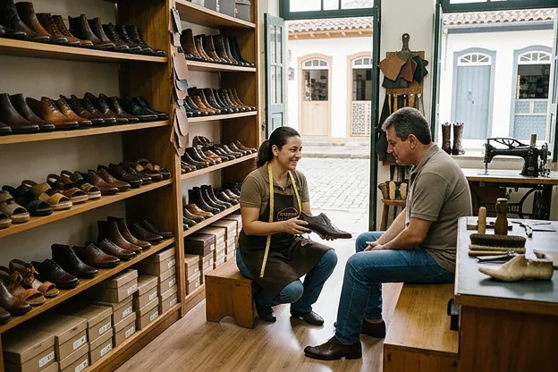 Profissional ajudando cliente na escolha de sapatos em Barbacena.